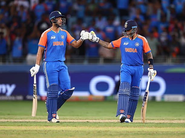 Asia Cup 2025 | Shivam Dube (L) and Suryakumar Yadav (R) celebrates victory after the Asia Cup match between India and Pakistan (Photo by Francois Nel/Getty Images)