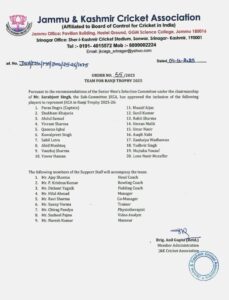 Ranji Trophy_J&K Squad for 2025-26
