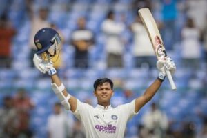 Yashasvi Jaiswal after his century against West Indies on Day 1