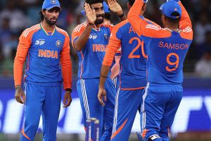 DUBAI, UNITED ARAB EMIRATES - SEPTEMBER 10: Jasprit Bumrah of India celebrates with team mates after dismissing Alishan Sharafu of UAE during the Asia Cup match between India and United Arab Emirates at Dubai International Stadium on September 10, 2025 in Dubai, United Arab Emirates. (Photo by Francois Nel/Getty Images)